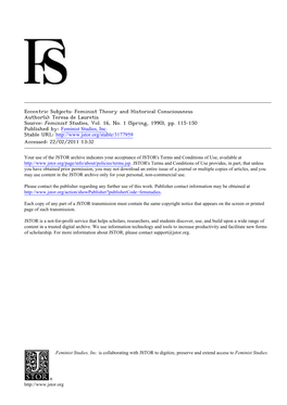 Eccentric Subjects: Feminist Theory and Historical Consciousness Author(S): Teresa De Lauretis Source: Feminist Studies, Vol