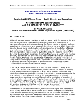 Page 1 International Conference on Federalism Mont-Tremblant, October 1999 Session 2A) CSD Theme Plenary: Social Diversity