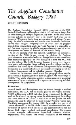 The Anglican Consultative Counci~ Badagry 1984