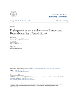 Phylogenetic Analysis and Review of Panacea and Batesia Butterflies N( Ymphalidae) Ryan I