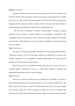 Division: Charophyta Charophyta Members Are Found in Fresh Water