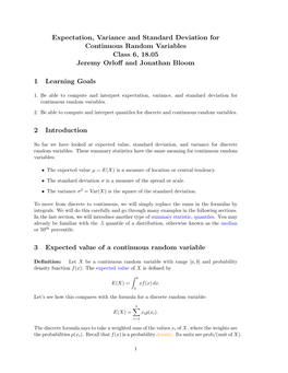 Expectation, Variance and Standard Deviation for Continuous Random Variables Class 6, 18.05 Jeremy Orloﬀ and Jonathan Bloom