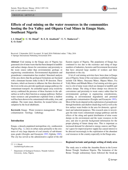Effects of Coal Mining on the Water Resources in the Communities Hosting the Iva Valley and Okpara Coal Mines in Enugu State, Southeast Nigeria