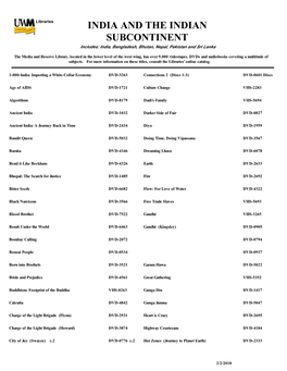 INDIA and the INDIAN SUBCONTINENT Includes: India, Bangladesh, Bhutan, Nepal, Pakistan and Sri Lanka
