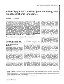 Role of Epigenetics in Developmental Biology and Transgenerational Inheritance Birth Defects Research