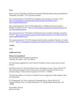 News Please Note the 1650 Soldiers Field Road Automobile Dealership Public Meeting Scheduled for Wednesday, November 1, 2017