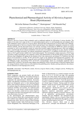 Phytochemical and Pharmacological Activity of Myristica Fragrans Houtt (Myristicaceae)