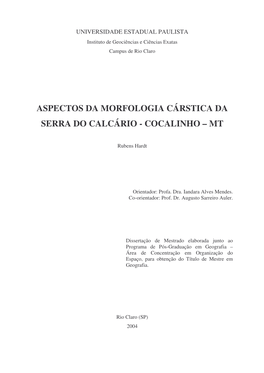 Aspectos Da Morfologia Cárstica Da Serra Do Calcário - Cocalinho – Mt