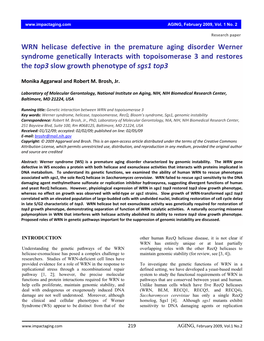 WRN Helicase Defective in the Premature Aging Disorder Werner Syndrome Genetically Interacts with Topoisomerase 3 and Restores the Top3 Slow Growth Phenotype of Sgs1 Top3