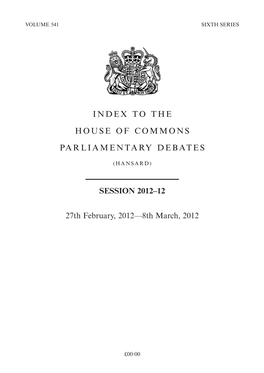 Index to the House of Commons Parliamentary