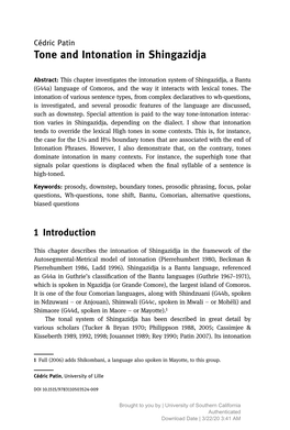 Tone and Intonation in Shingazidja