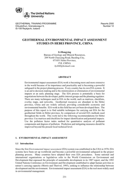 Geothermal Environmental Impact Assessment Studies in Hebei Province, China