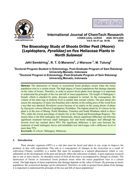 The Bioecology Study of Shoots Driller Pest (Moore) (Lepidoptera, Pyralidae) on Five Meliaceae Plants in North Sulawesi