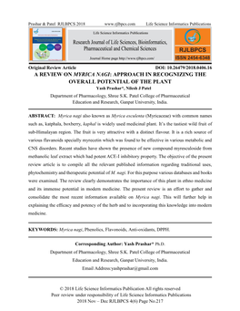 A REVIEW on MYRICA NAGI: APPROACH in RECOGNIZING the OVERALL POTENTIAL of the PLANT Yash Prashar*, Nilesh J Patel Department of Pharmacology, Shree S.K