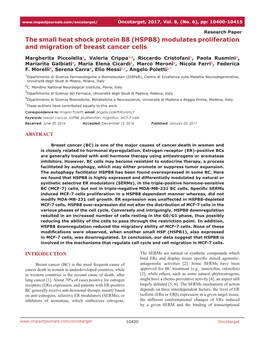 The Small Heat Shock Protein B8 (HSPB8) Modulates Proliferation and Migration of Breast Cancer Cells