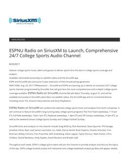 ESPNU Radio on Siriusxm to Launch, Comprehensive 24/7 College Sports Audio Channel