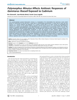 Polymorphus Minutus Affects Antitoxic Responses of Gammarus Roeseli Exposed to Cadmium