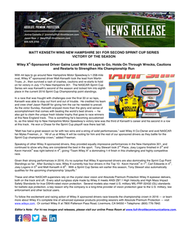 Matt Kenseth Wins New Hampshire 301 for Second Sprint Cup Series Victory of the Season