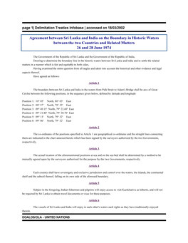Agreement Between Sri Lanka and India on the Boundary in Historic Waters Between the Two Countries and Related Matters 26 and 28 June 1974