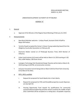 REGULAR BOARD MEETING MARCH 14, 2019 URBAN REDEVELOPMENT AUTHORITY of PITTSBURGH AGENDA “A” 1. General