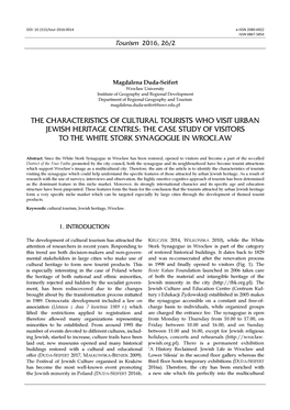 The Characteristics of Cultural Tourists Who Visit Urban Jewish Heritage Centres: the Case Study of Visitors to the White Stork Synagogue in Wroc Ław