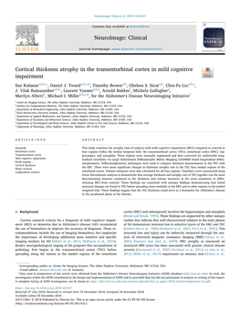 Cortical Thickness Atrophy in the Transentorhinal Cortex in Mild Cognitive Impairment T ⁎ Sue Kulasona,B,C, , Daniel J