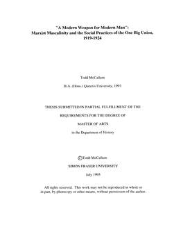 Marxist Masculinity and the Social Practices of the One Big Union, 1919-1924