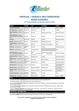 Road Closures HAPALUA