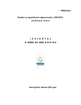 Izvještaj O Radu Za 2020. Godin Doo “Čistoća” Herceg Novi