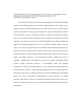 TODD, AMANDA J. Ph.D. Spiritual Landscapes in the 21St Century: the Geography of Power Mountains and Healing Waters of the Southern Appalachian Region