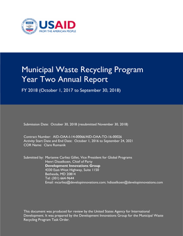 Municipal Waste Recycling Program Year Two Annual Report FY 2018 (October 1, 2017 to September 30, 2018)