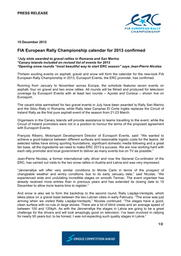FIA European Rally Championship Calendar for 2013 Confirmed