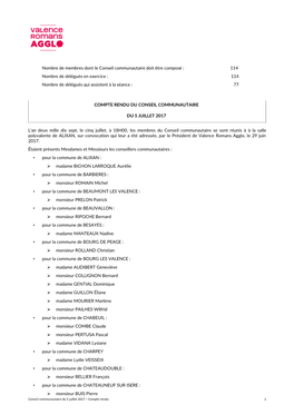 Nombre De Membres Dont Le Conseil Communautaire Doit Être Composé : 114 Nombre De Délégués En Exercice : 114 Nombre De Délégués Qui Assistent À La Séance : 77