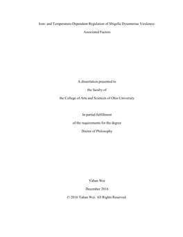 Iron- and Temperature-Dependent Regulation of Shigella Dysenteriae Virulence