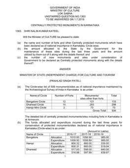 1 Government of India Ministry of Culture Lok Sabha Unstarred Question No.1363 to Be Answered on 1.7.2019 Centrally Protected M