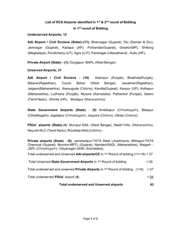 List of RCS Airports Identified in 1St & 2Nd Round of Bidding