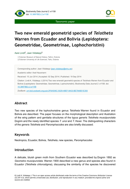 Two New Emerald Geometrid Species of Telotheta Warren from Ecuador and Bolivia (Lepidoptera: Geometridae, Geometrinae, Lophochoristini)