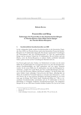 Frauenrollen Und Krieg Änderungen Der Frauenrollen in Den Napoleonischen Kriegen in Theodor Körners Zriny (1812) Und Im Spiegel Der Theodor-Körner-Rezeption