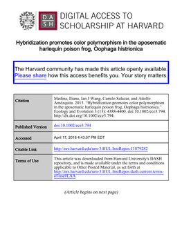 Hybridization Promotes Color Polymorphism in the Aposematic Harlequin Poison Frog, Oophaga Histrionica