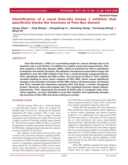 Identification of a Novel Polo-Like Kinase 1 Inhibitor That Specifically Blocks the Functions of Polo-Box Domain