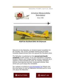 Netletter #1388 | April 16, 2018 RCAF De Havilland DHC-1B Chipmunk Welcome to the Netletter, an Aviation Based Newsletter for Ai
