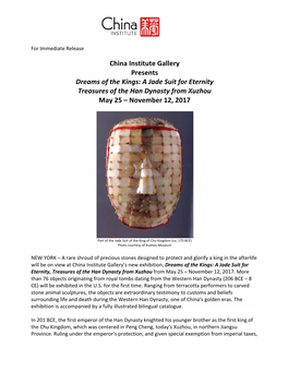 China Institute Gallery Presents Dreams of the Kings: a Jade Suit for Eternity Treasures of the Han Dynasty from Xuzhou May 25 – November 12, 2017