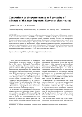 Comparison of the Performance and Precocity of Winners of the Most Important European Classic Races