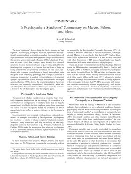 Is Psychopathy a Syndrome? Commentary on Marcus, Fulton, and Edens