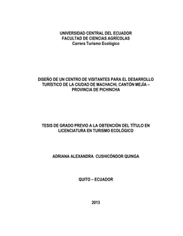 UNIVERSIDAD CENTRAL DEL ECUADOR FACULTAD DE CIENCIAS AGRÍCOLAS Carrera Turismo Ecológico