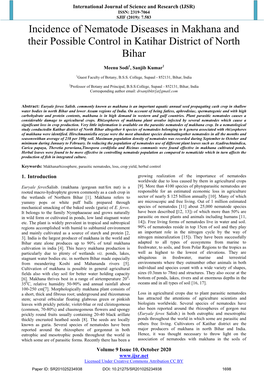 Incidence of Nematode Diseases in Makhana and Their Possible Control in Katihar District of North Bihar