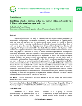 Combined Effect of Coccinia Indica Leaf Extract with Acarbose in Type II Diabetes Induced Neuropathy in Rats