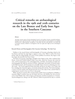 Critical Remarks on Archaeological Research in the 19Th and 20Th Centuries on the Late Bronze and Early Iron Ages in the Southern Caucasus Nourida Gadirova-Ateshi