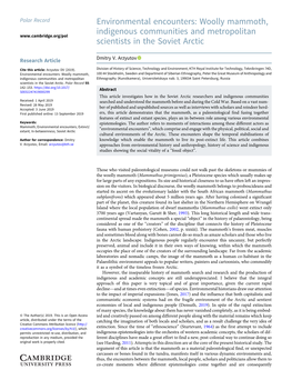 Environmental Encounters: Woolly Mammoth, Indigenous Communities and Metropolitan Scientists in the Soviet Arctic