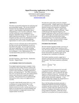 Signal Processing Applications of Wavelets Arthur Asuncion Information and Computer Science University of California, Irvine Aasuncio@Uci.Edu
